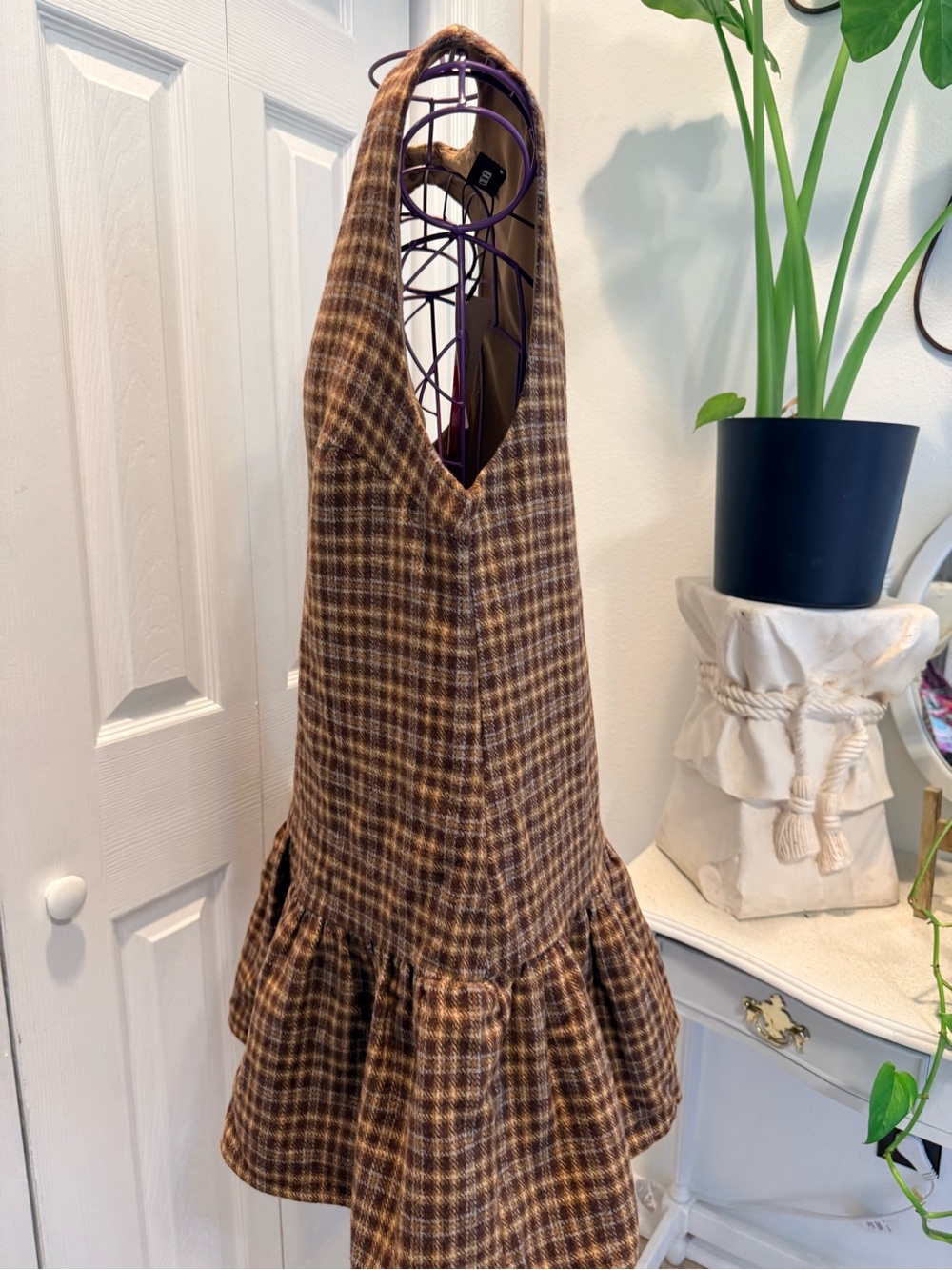 VTG Fall Dark academia 90s Preppy Cider Brown Plaid V-Neck Ruffle Hem Mini Dress - Picture 5 of 7